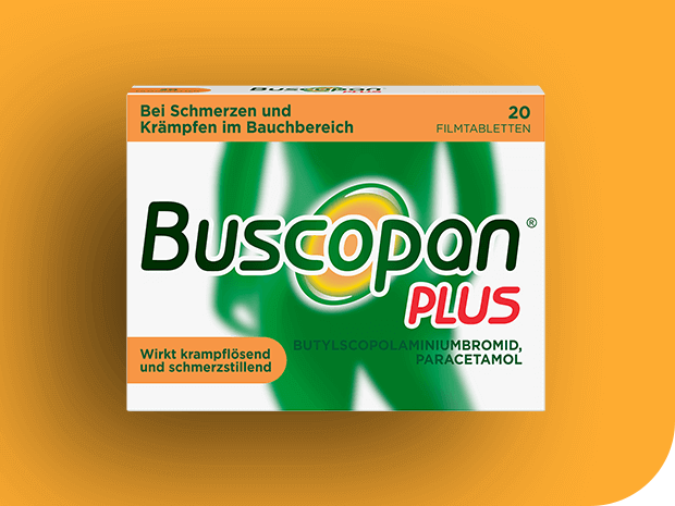 Produktbild von Buscopan Plus mit orangefarbenem Hintergrund