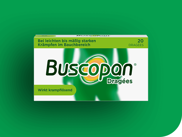 Produktbild von Buscopan Dragées mit grünem Hintergrund
