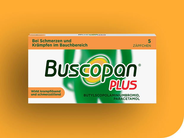 Produktbild von Buscopan Plus Zäpfchen mit orangefarbenem Hintergrund